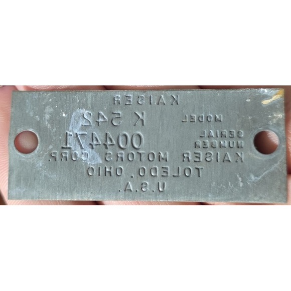 1954 Kaiser Motors Corp Manhattan Data Plate Body Tag